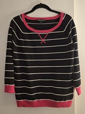 Cable & Gauge Women's Black Striped Sweater with Pink Trim